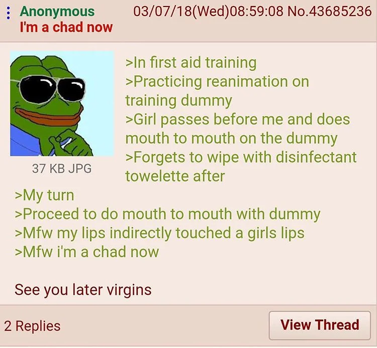 See You Later Virgins — 4chan greentext with Sunglasses Pepe about first-aid training and indirectly kissing a girl via a CPR dummy