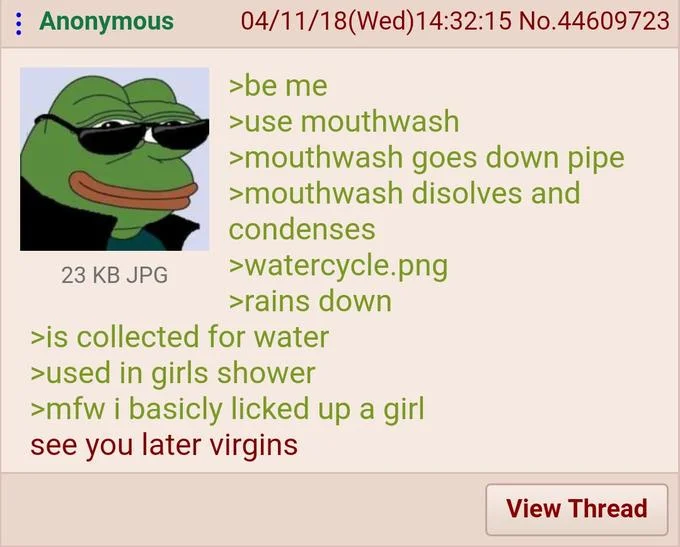4chan greentext with Sunglasses Pepe about mouthwash water cycle ending with 'see you later virgins'