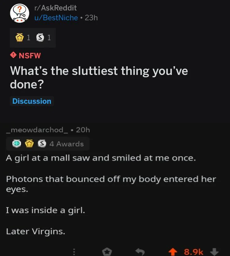 See You Later Virgins — Reddit r/AskReddit screenshot with a photon-based 'Later Virgins' reply