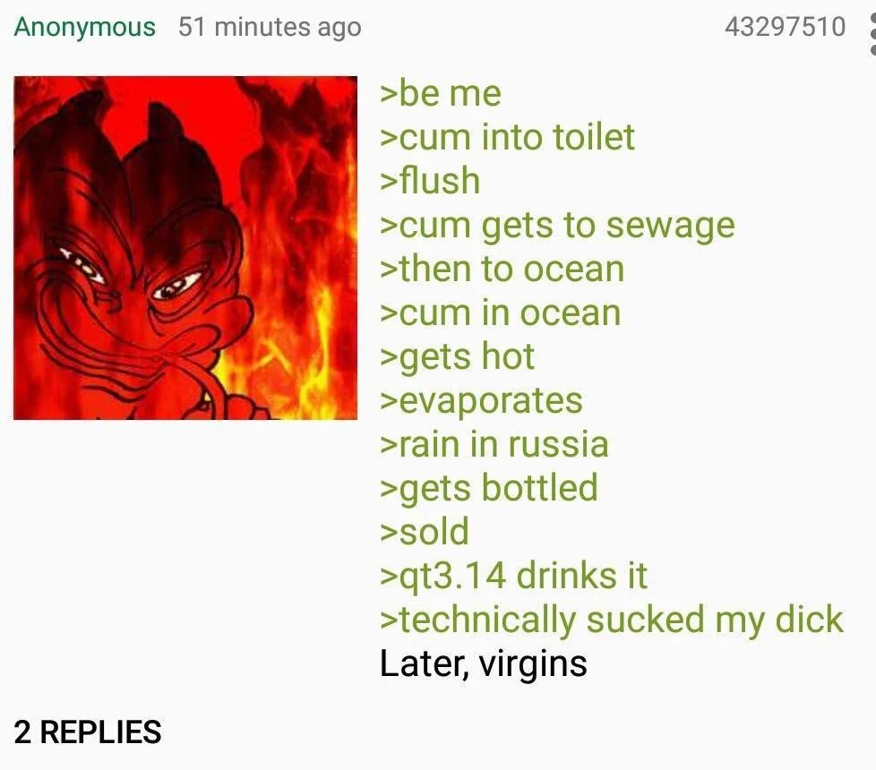 See You Later Virgins — 4chan greentext with red devil illustration about semen traveling through the water cycle to Russia