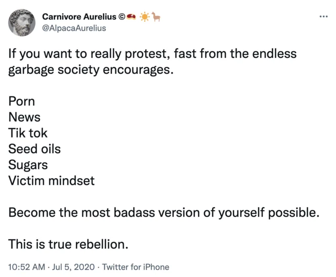 Tweet by Carnivore Aurelius listing seed oils among things to fast from