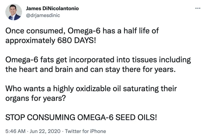 Tweet by Dr. James DiNicolantonio warning about Omega-6 seed oils