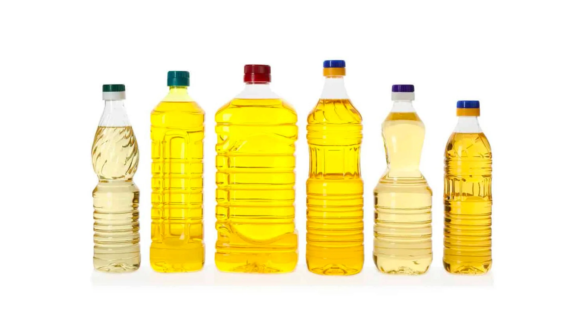 Seed Oils — Row of six plastic bottles containing different yellow cooking oils on a white background