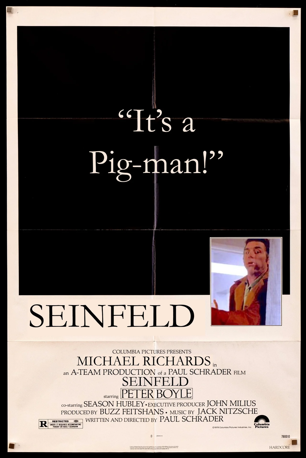 Parody movie poster titled Seinfeld with the tagline 'It's a Pig-man!' featuring Kramer.