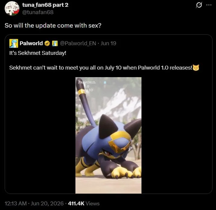 Sekhmet Palworld — Twitter screenshot of Palworld's Sekhmet Saturday announcement and a horny quote tweet