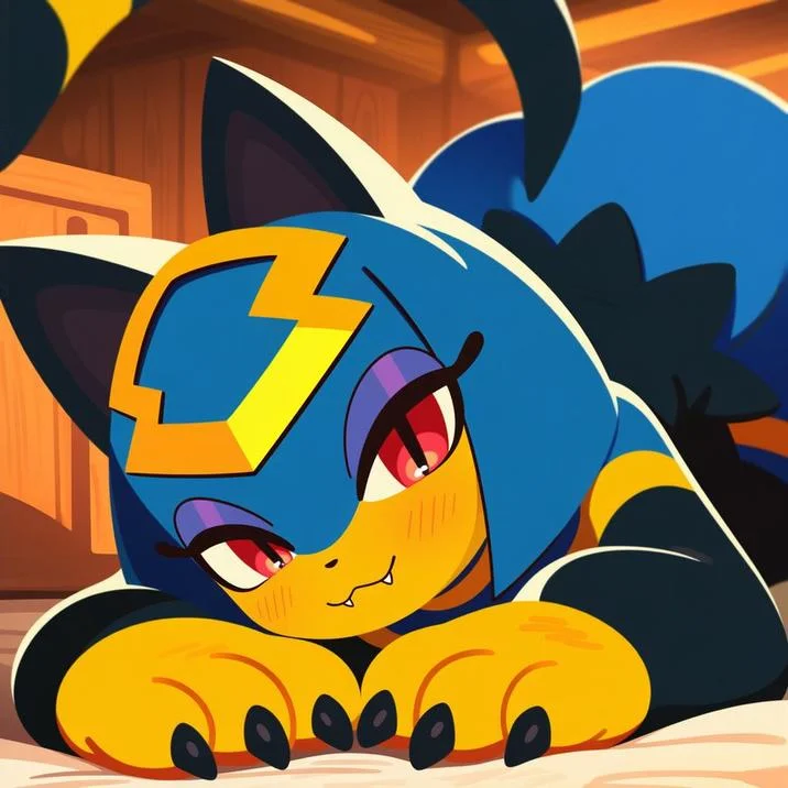 Sekhmet Palworld — Cartoon fan art of Sekhmet lying down indoors