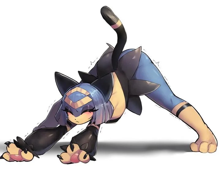 Sekhmet Palworld — Anime-style fan art of Sekhmet stretching in a yoga pose