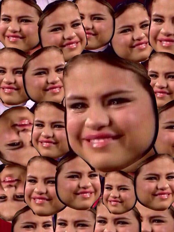 Collage of many distorted Selena Gomez crying faces