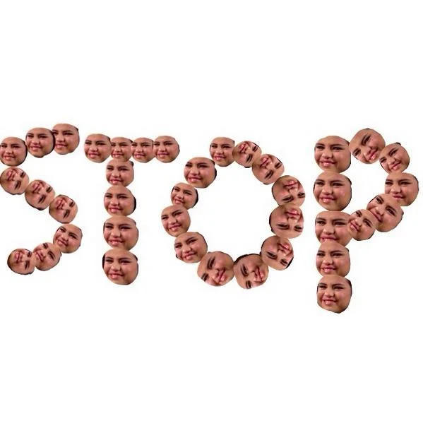 Selena Gomez crying faces arranged to spell STOP