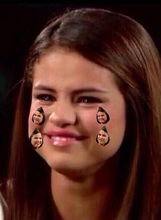 Selena Gomez crying with tiny face-shaped teardrops