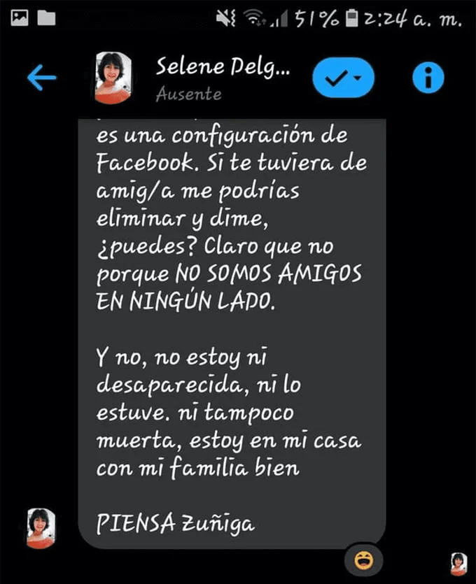 Facebook Messenger screenshot with Spanish message from Selene Delgado account