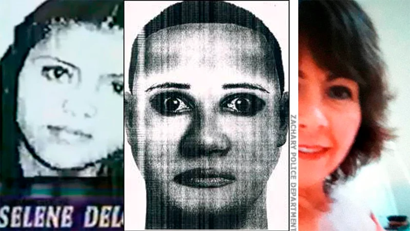 Three-panel composite of the Selene Delgado news image, police sketch, and smiling woman photo