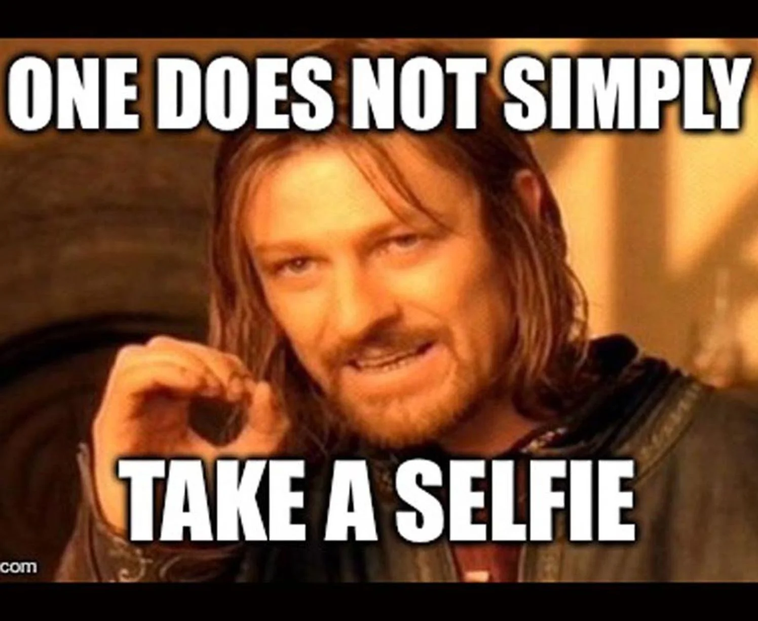An impact font meme featuring Aragorn from Lord of the Rings with text 'ONE DOES NOT SIMPLY TAKE A SELFIE', playing on the casual nature of selfie-taking.