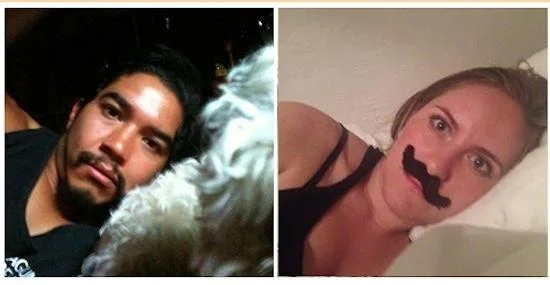 A collage showing a man and woman with drawn or edited mustaches taking selfies, illustrating facial drawing app usage.