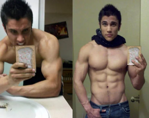 A side-by-side collage of two shirtless male fitness selfies taken in mirrors or home settings, demonstrating popular fitness selfie trends.