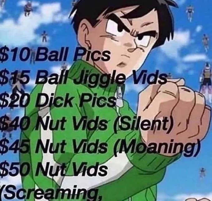 Dragon Ball Z character Videl in green tracksuit with 'Selling Dick Pics' tiered price list overlaid.
