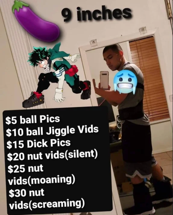 Selling Dick Pics — Mirror selfie with eggplant emoji, '9 inches' label, Deku anime cutout, and lower-tier price list.