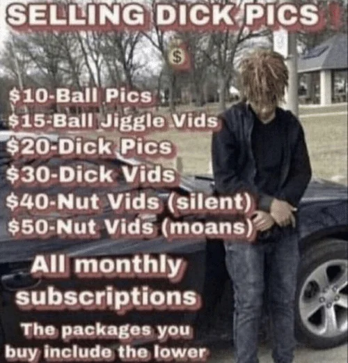 Cropped lower-resolution version of 'Selling Dick Pics' meme showing hooded figure next to car with price list.