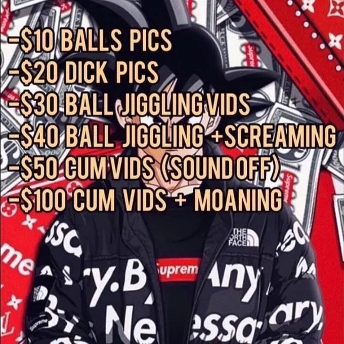 Supreme-brand hypebeast edit with hooded figure and 'Selling Dick Pics' price list on red bandana background.