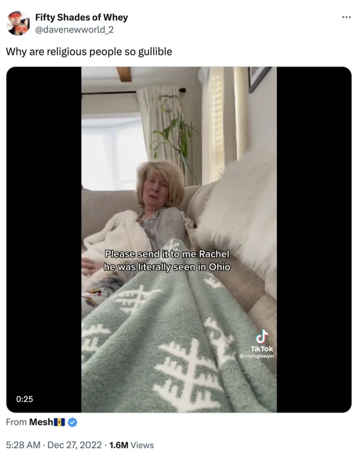 Twitter post captioned 'Why are religious people so gullible' with Send It to Me Rachel TikTok thumbnail