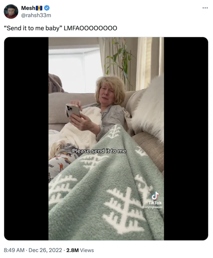 Send It To Me Rachel — Twitter post with TikTok video thumbnail captioned 'Send it to me baby' with 2.8M views