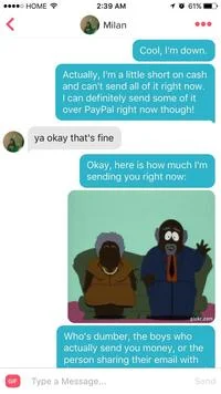 Send Me 5 And See What Happens — A Tinder screenshot showing a conversation where someone responds to the $5 request by claiming limited cash availability.
