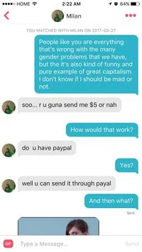 Send Me 5 And See What Happens — A Tinder conversation screenshot demonstrating the scam with messages about limited cash and PayPal payment arrangements.
