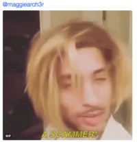 Send Me 5 And See What Happens — A reaction image with a person's face and yellow text overlay reading 'SHE SCAMMED ME', used as a viral response to falling