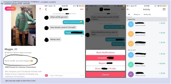 Send Me 5 And See What Happens — A Tinder screenshot featuring a profile and conversation messages about the $5 scam, displaying age information and
