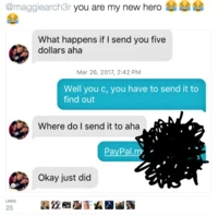 Send Me 5 And See What Happens — A Twitter screenshot showing users discussing the Tinder $5 scam prank with messages about sending money and discovering the
