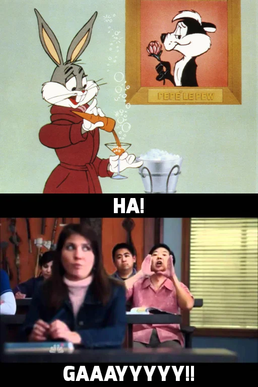 Senor Chang's "Ha, Gay!" — Two-panel meme with Bugs Bunny toasting a Pepe Le Pew portrait above Señor Chang shouting 'HA! GAAAYYYYY!!'.