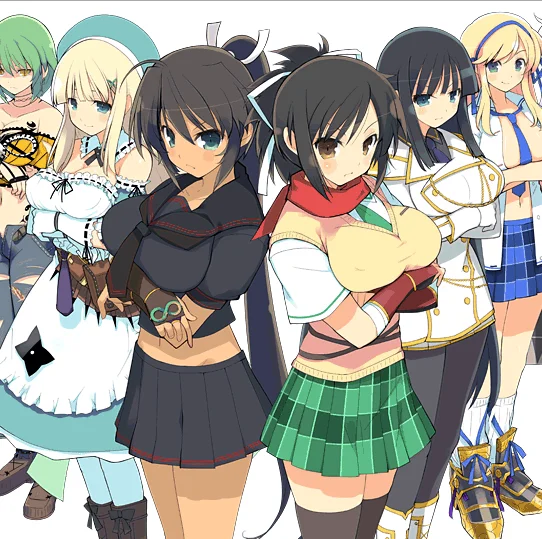 Senran Kagura character lineup showing multiple anime girls in school uniforms and shinobi outfits