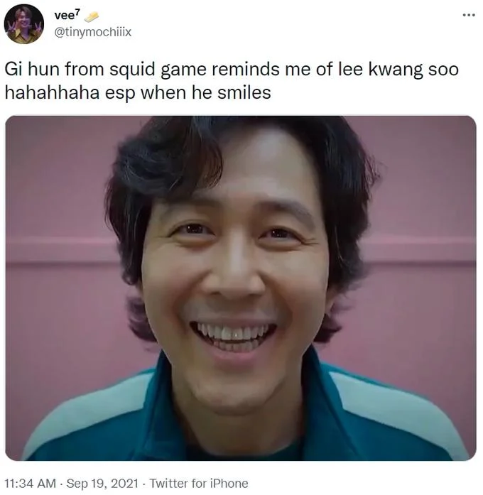 Seong Gi Huns Id Photo — vee? @tinymochiiix Gi hun from squid game reminds me of lee kwang soo hahahhaha esp when he smiles 11:34 AM · Sep 19, 2021 - Twitter