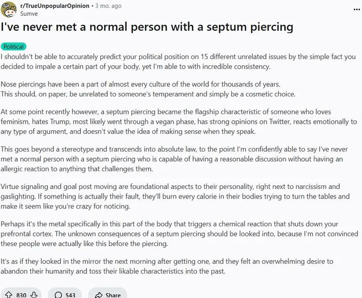 Septum Theory — Reddit post from r/TrueUnpopularOpinion titled 'I've never met a normal person with a septum piercing'