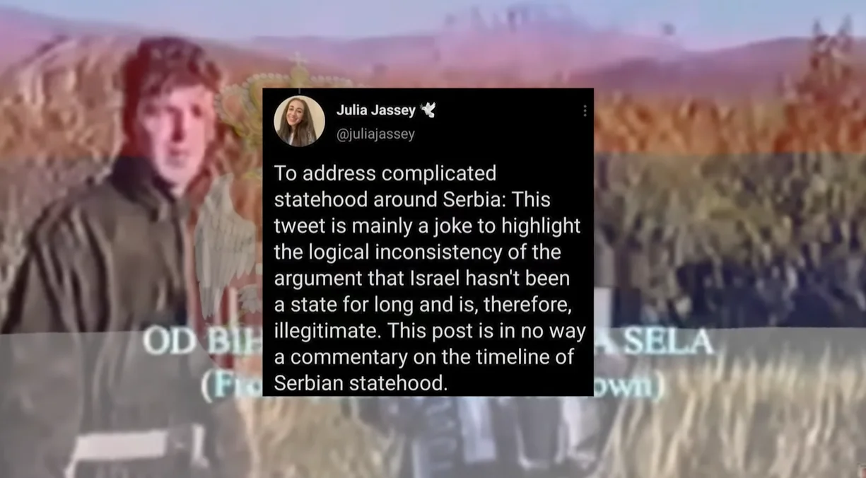 Tweet by Julia Jassey about Serbian statehood overlaid on a still from the Serbia Strong music video.