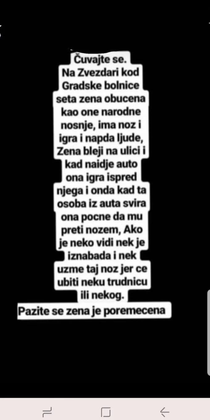 Serbian Dancing Lady — Screenshot of a Serbian-language social media warning text about the dancing lady with a knife.