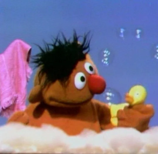 Barkley the shaggy dog puppet from Sesame Street sitting on the sidewalk.