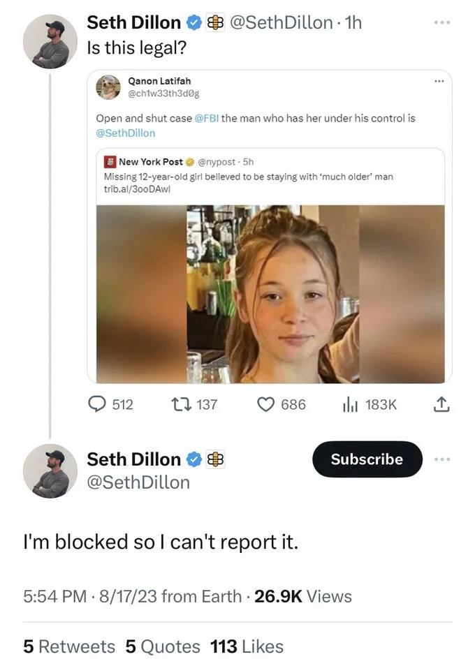 Seth Dillon Human Trafficking And Pedophilia Libel — Seth Dillon's tweets replying 'Is this legal?' and 'I'm blocked so I can't report it' to the false