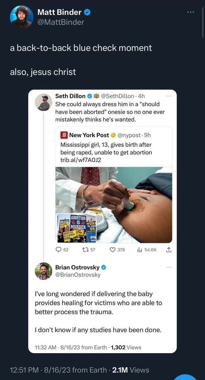 Seth Dillon Human Trafficking And Pedophilia Libel — Matt Binder tweet reacting to Seth Dillon and Brian Ostrovsky replies about a young rape victim, calling