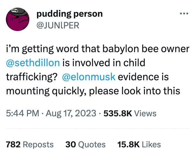 Seth Dillon Human Trafficking And Pedophilia Libel — Tweet from pudding person accusing Seth Dillon of involvement in child trafficking and tagging Elon Musk.