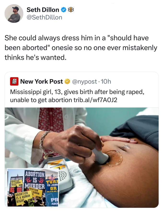 Seth Dillon Human Trafficking And Pedophilia Libel — Seth Dillon tweet quoting a New York Post story about a young rape victim's pregnancy, with a sarcastic