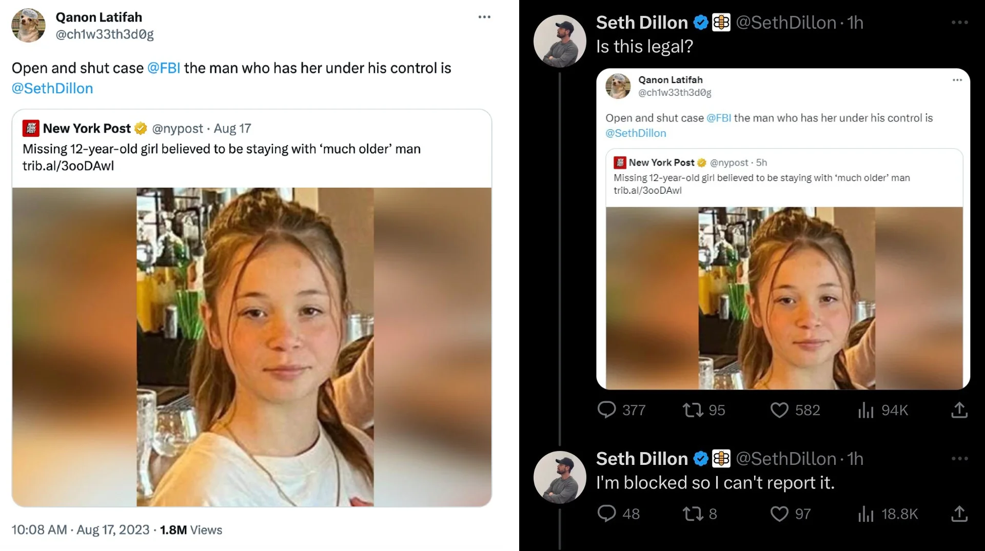 Seth Dillon Human Trafficking And Pedophilia Libel — Side-by-side tweets showing an anonymous accusation against Seth Dillon and his sarcastic reply asking if