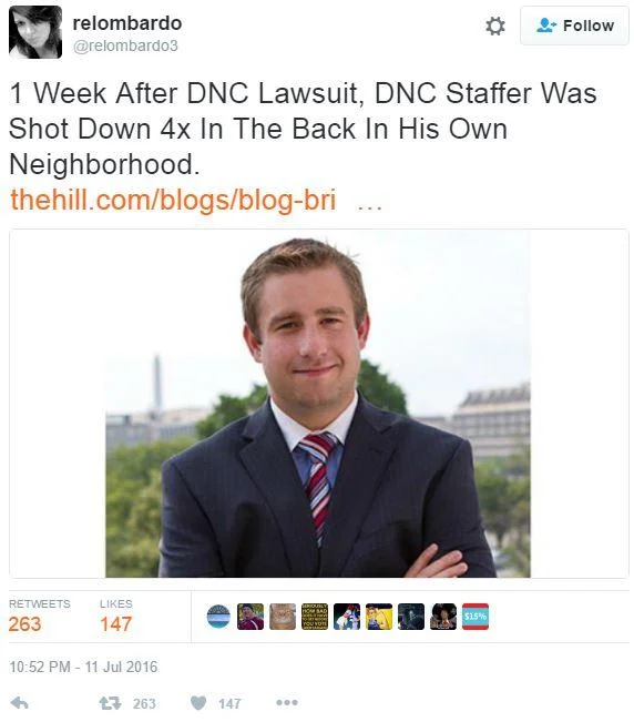 Seth Rich's Death — Tweet screenshot claiming DNC staffer was shot one week after DNC lawsuit