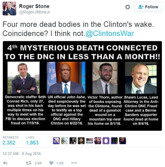 Roger Stone tweet linking Seth Rich's death to a Clinton conspiracy
