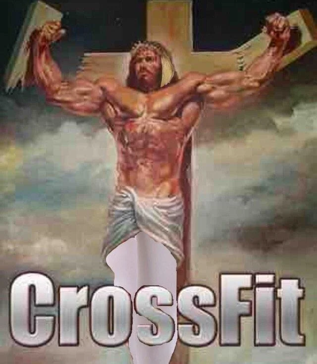 Seth Rollins — CrossFit Jesus meme with muscular figure lifting cross