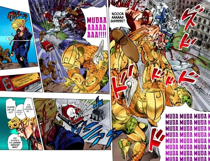Seven Page Muda — A side-by-side collage of several colored manga panels from the Seven-Page Muda sequence featuring Gold Experience beating Cioccolata with
