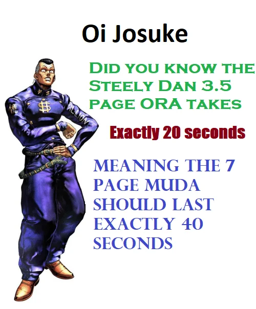 Seven Page Muda — A fan-made image macro with Josuke Higashikata's sprite and multicolored text discussing calculations about the Seven-Page Muda duration.