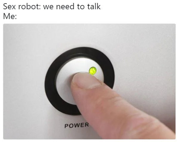 Sex Dolls — Meme with caption 'Sex robot: we need to talk / Me:' above finger pressing a power button.