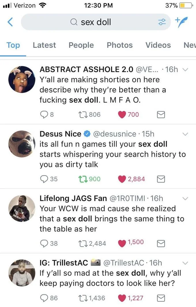 Sex Dolls — Twitter search results for 'sex doll' showing multiple joke tweets.