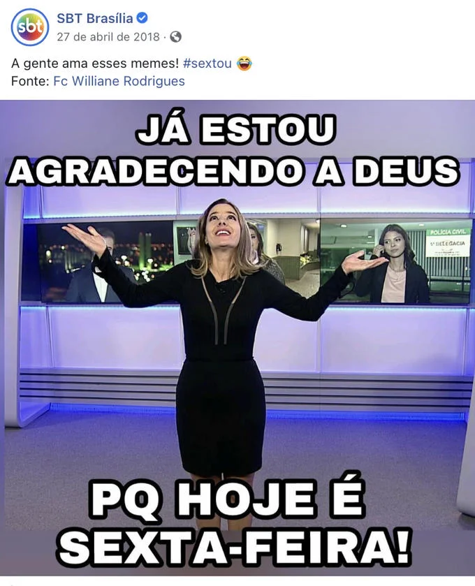 Sextou — A Brazilian television personality with raised arms expressing joy, with Portuguese text reading 'I'm already thanking God because today is Friday!'